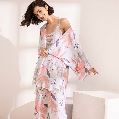 Pijama Mujer Verano Largo de Seda con Camisa estilo Raso 3 piezas Tirantes Rosa 