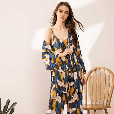 Pijama Mujer Verano Largo de Seda con Camisa estilo Raso 3 piezas Amarillo y Azul