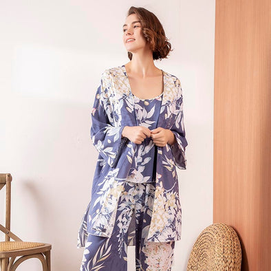 Pijama Mujer Verano Cómodo Largo de Seda con Camisa estilo Raso 3 piezas Azul