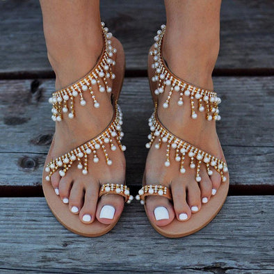 Women's Summer 2020 Casual Comfortable Pearl Flat Finger Sandals 
